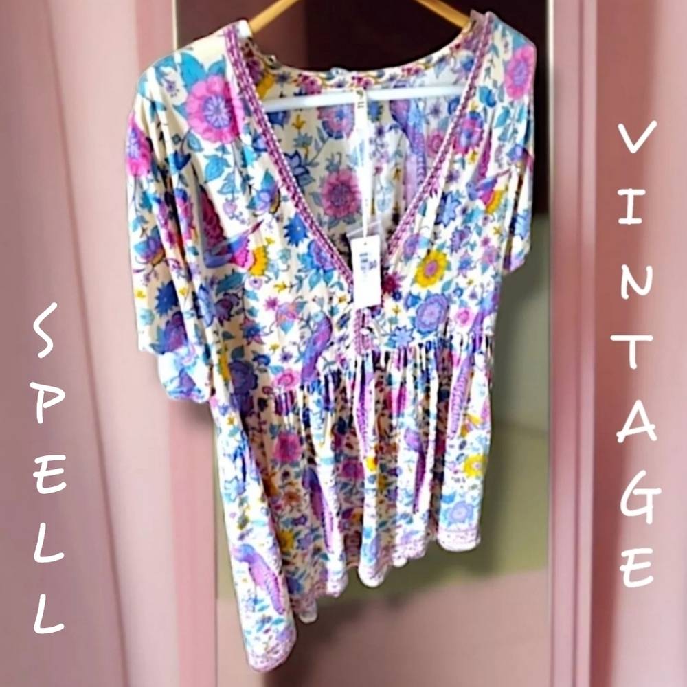 Spell & The Gypsy Collective NWT Vintage Lovebird Print Boho Mini Dress Rare XL